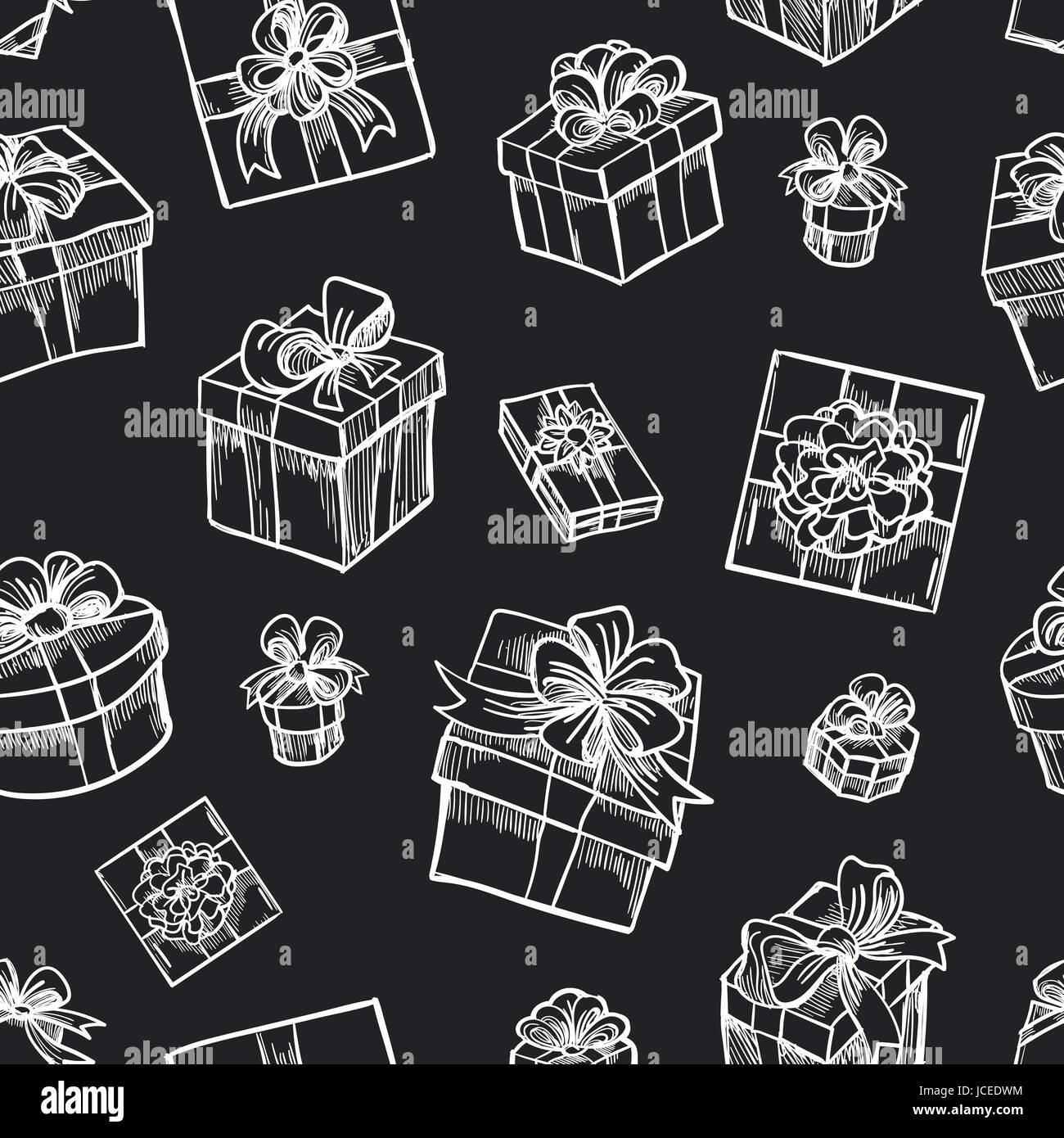 Vector disegnati a mano scatola regalo seamless pattern. Schizzo regali di Natale sfondo nero per il design attuale Illustrazione Vettoriale