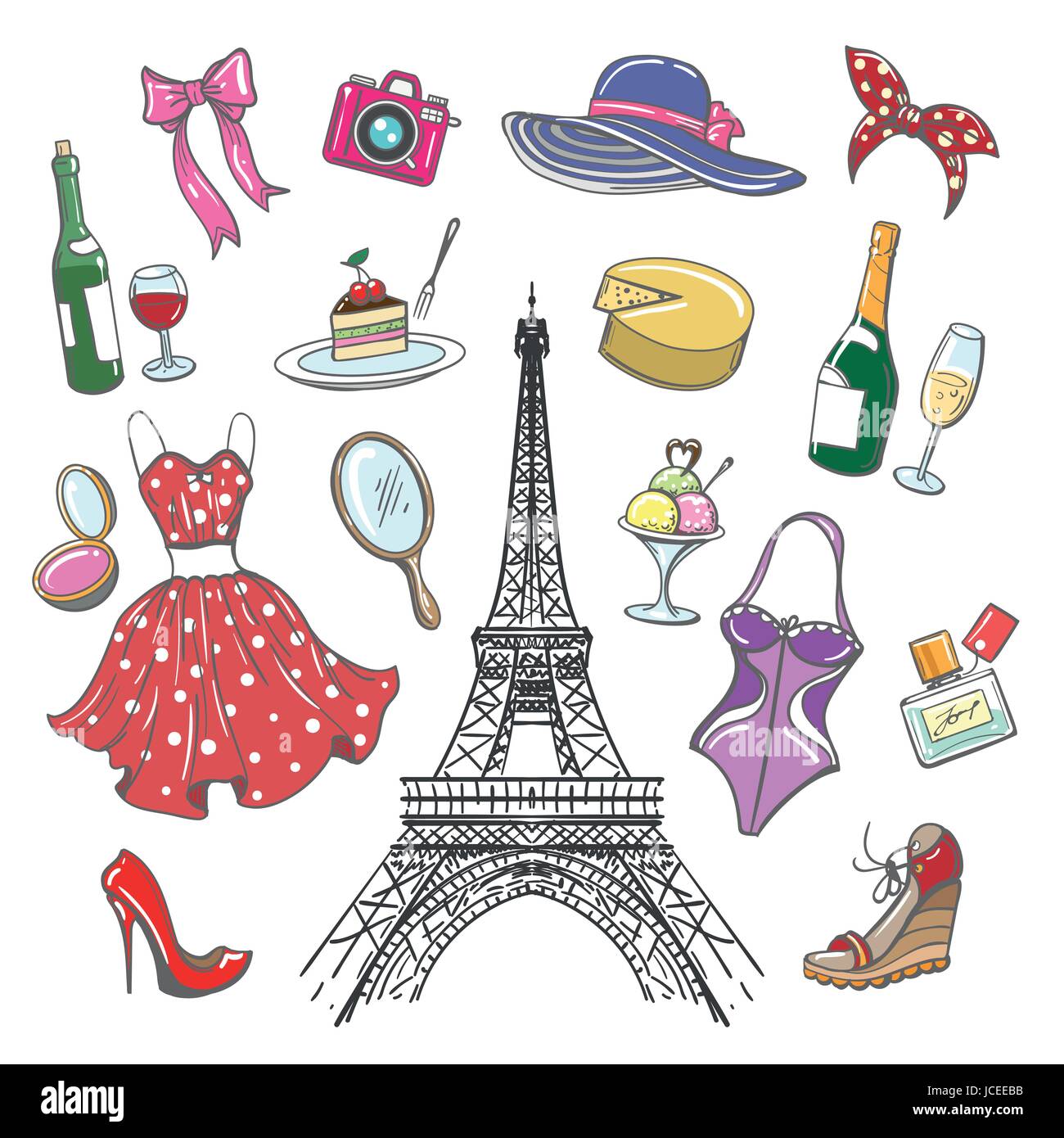 Colorata moda Parigi schizzo collezione. Donna disegnata a mano di moda accessoriper ragazze viaggi e shopping isolati su sfondo bianco. Vettore i Illustrazione Vettoriale