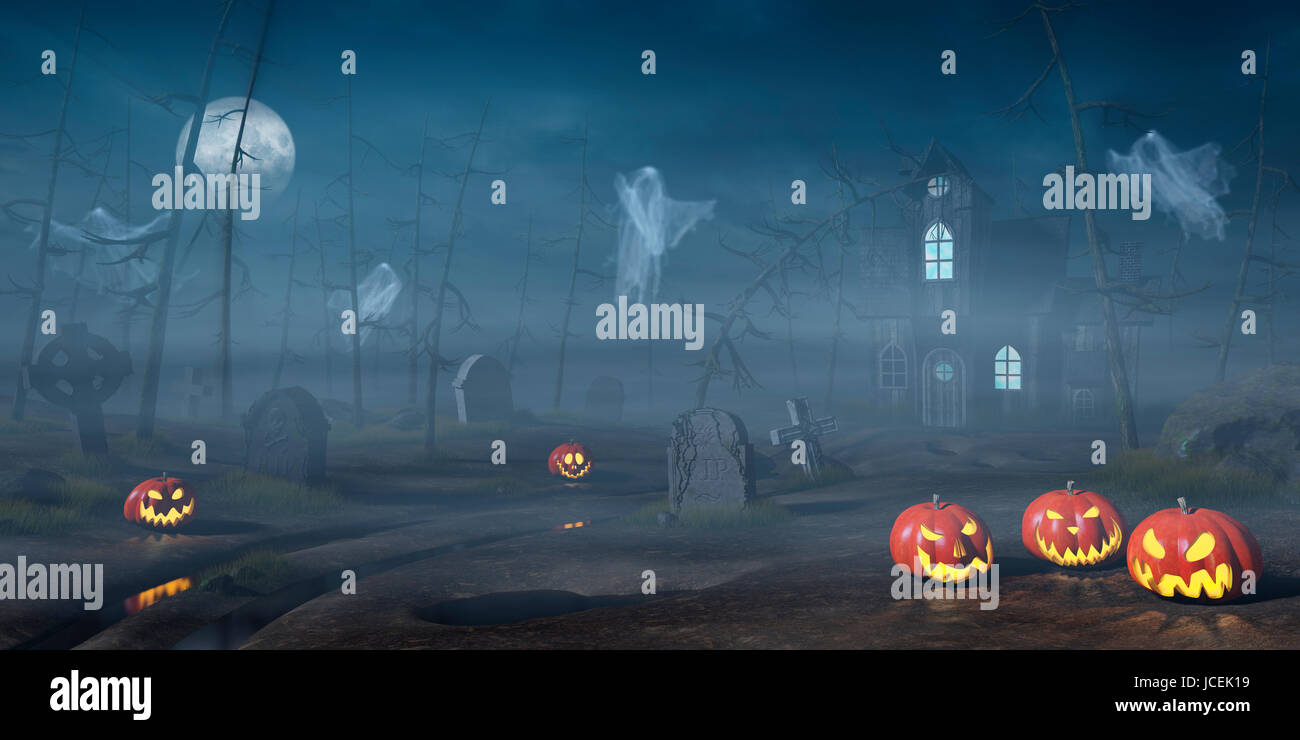 Una cabina in un losco e nebbiosa foresta di Halloween di notte con Jack O'lanterne e fantasmi. Foto Stock