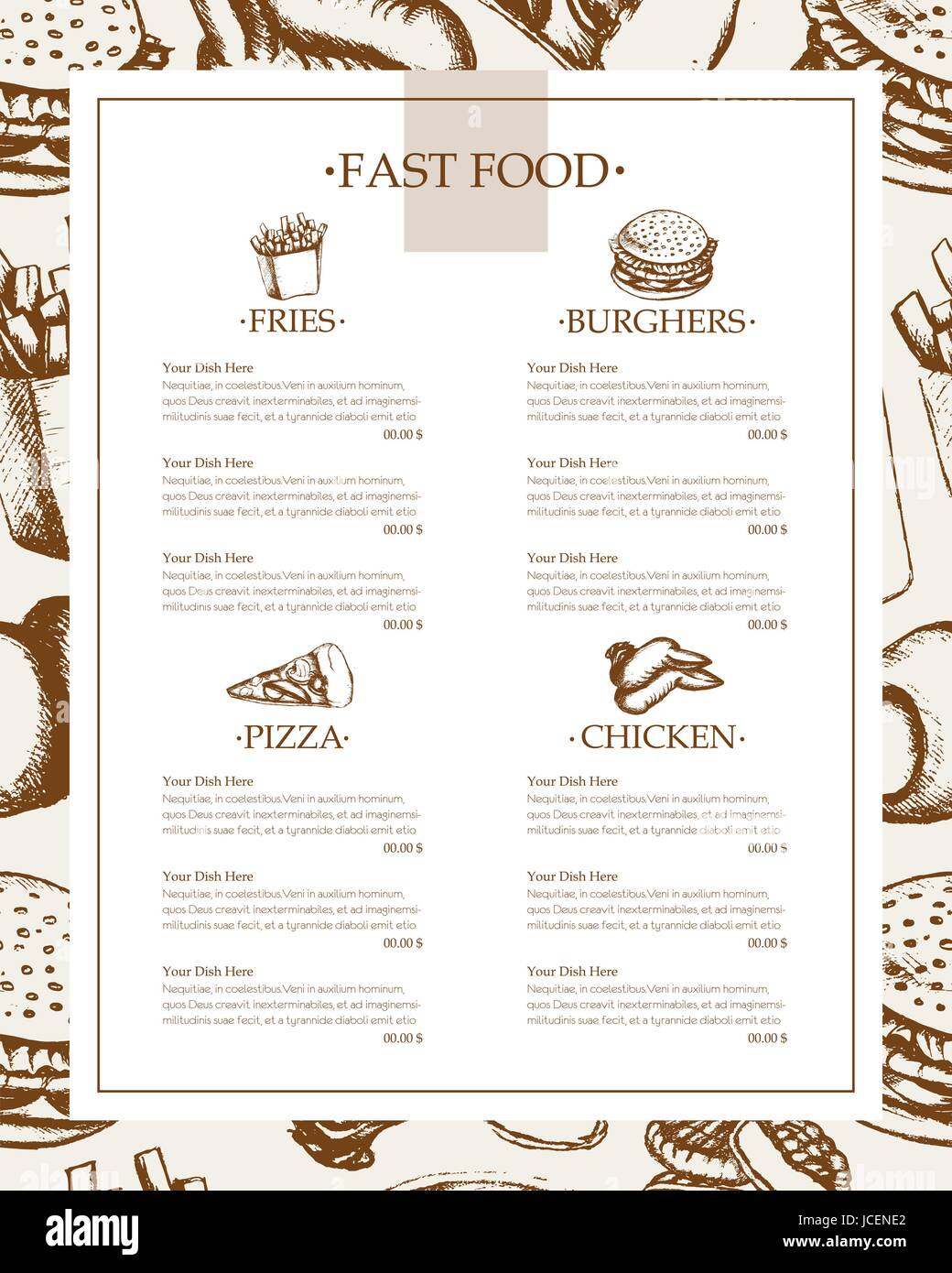 Il fast food - monocromatica disegnati a mano menu Modello Illustrazione Vettoriale