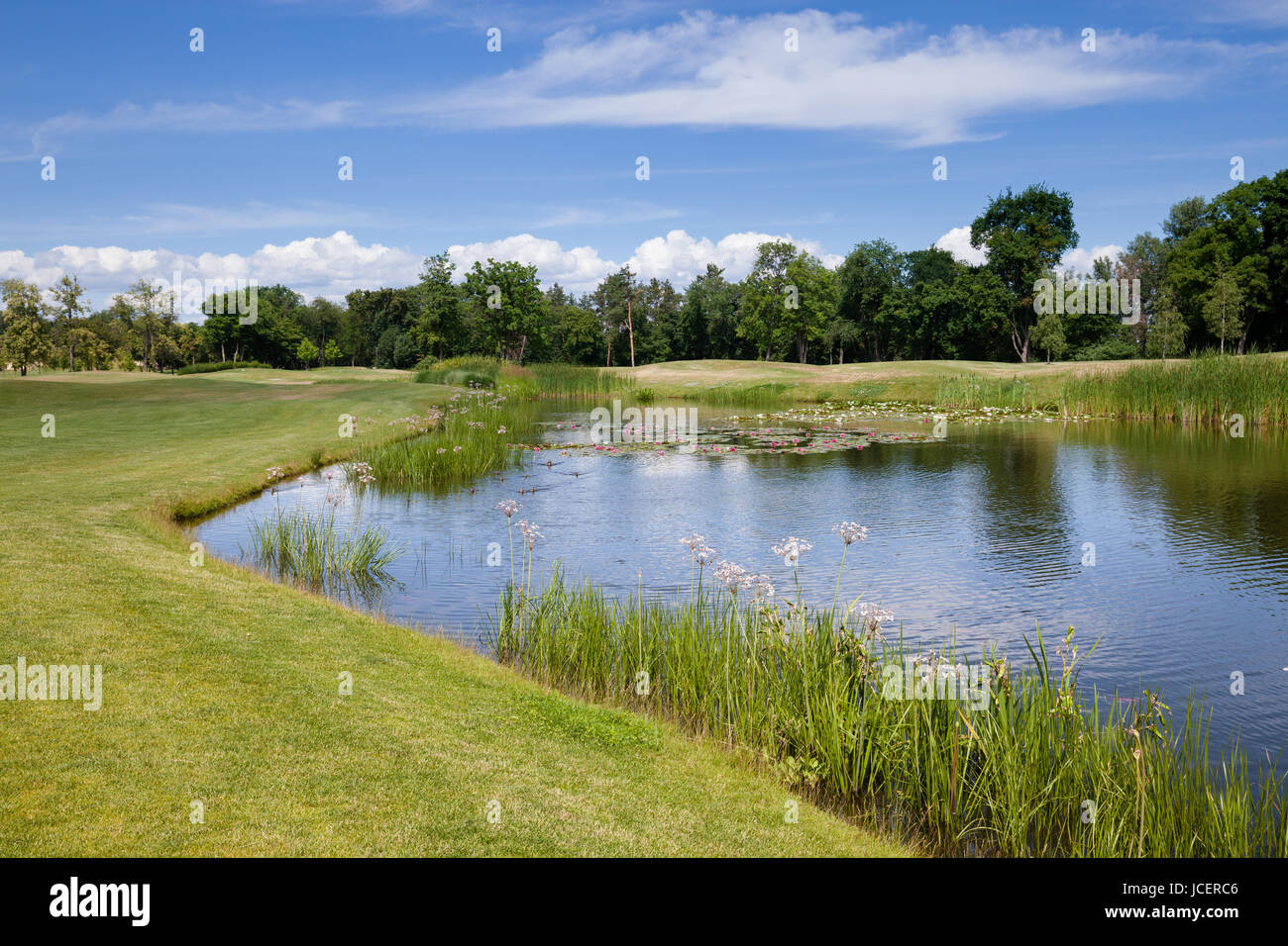 Il lago e il verde prato a City Park Foto Stock