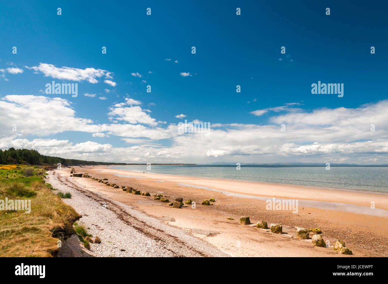 La seconda guerra mondiale le difese di mare lungo la costa meridionale del Moray Firth vicino Burghead, murene, Scozia Foto Stock