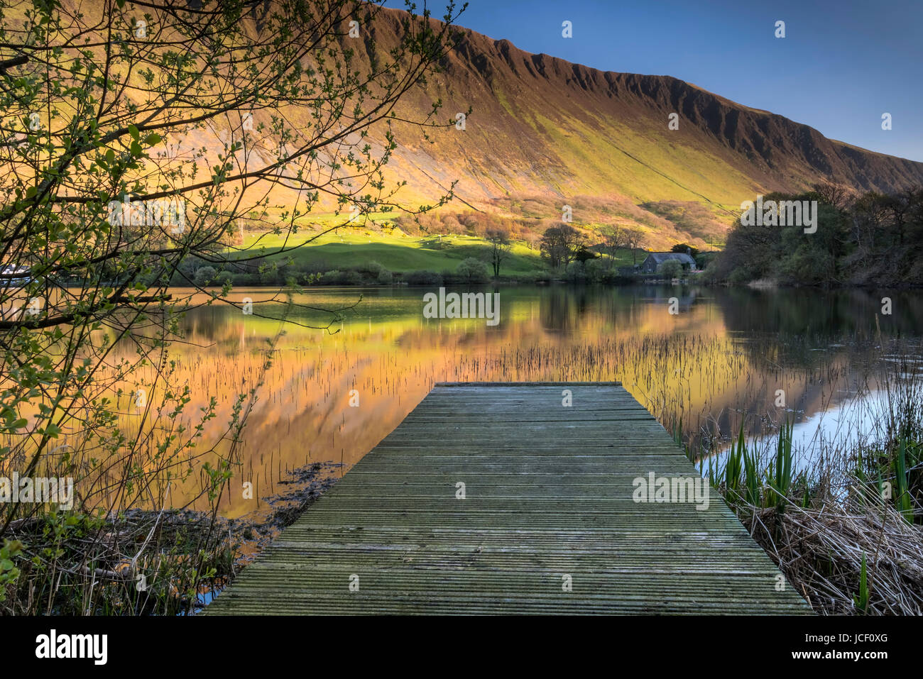 Tal y llyn Lago sostenuta da imponenti scogliere di Graig Goch, Parco Nazionale di Snowdonia, Gwynedd, il Galles del Nord Foto Stock