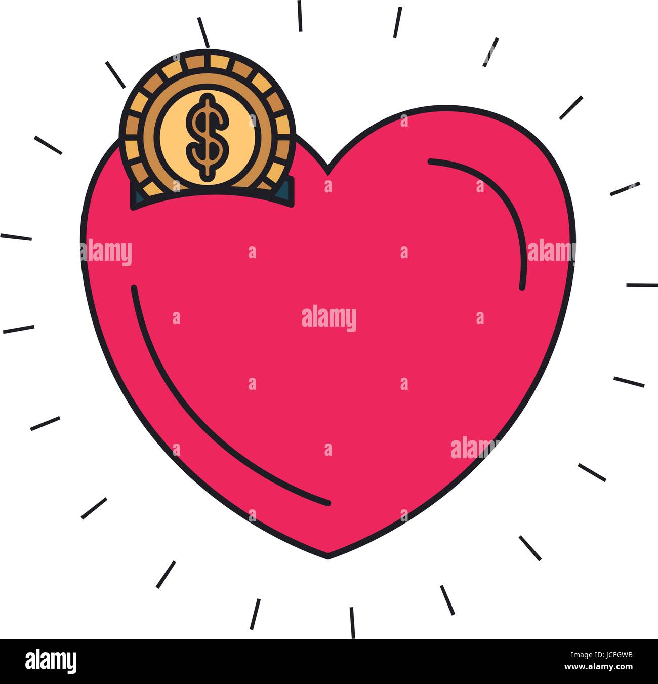 Silhouette colorato salvadanaio a forma di cuore con moneta con il simbolo del dollaro Illustrazione Vettoriale
