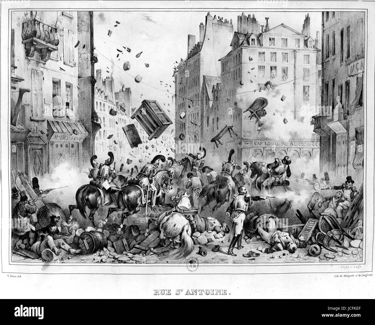 La Rivoluzione Francese del 1830 piloti di Marmont attaccando una barricata, Rue St Antoine di Parigi Luglio 1830 Foto Stock