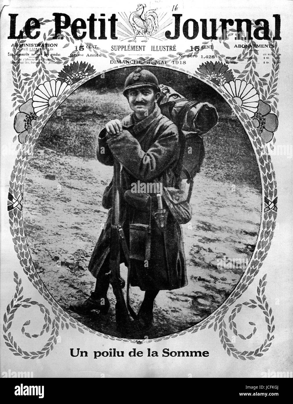 Frontpage di "Le Petit Journal': un francese 'poilu' sul fronte della Somme durante la guerra mondiale I. Maggio 5, 1918 Foto Stock