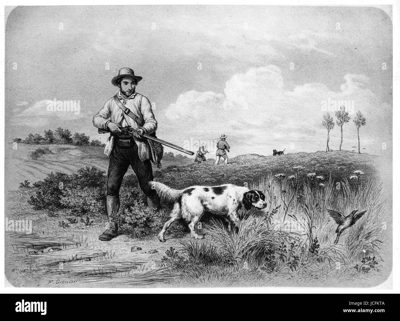 Cacciatore e il suo cane del XIX secolo l'incisione Foto Stock