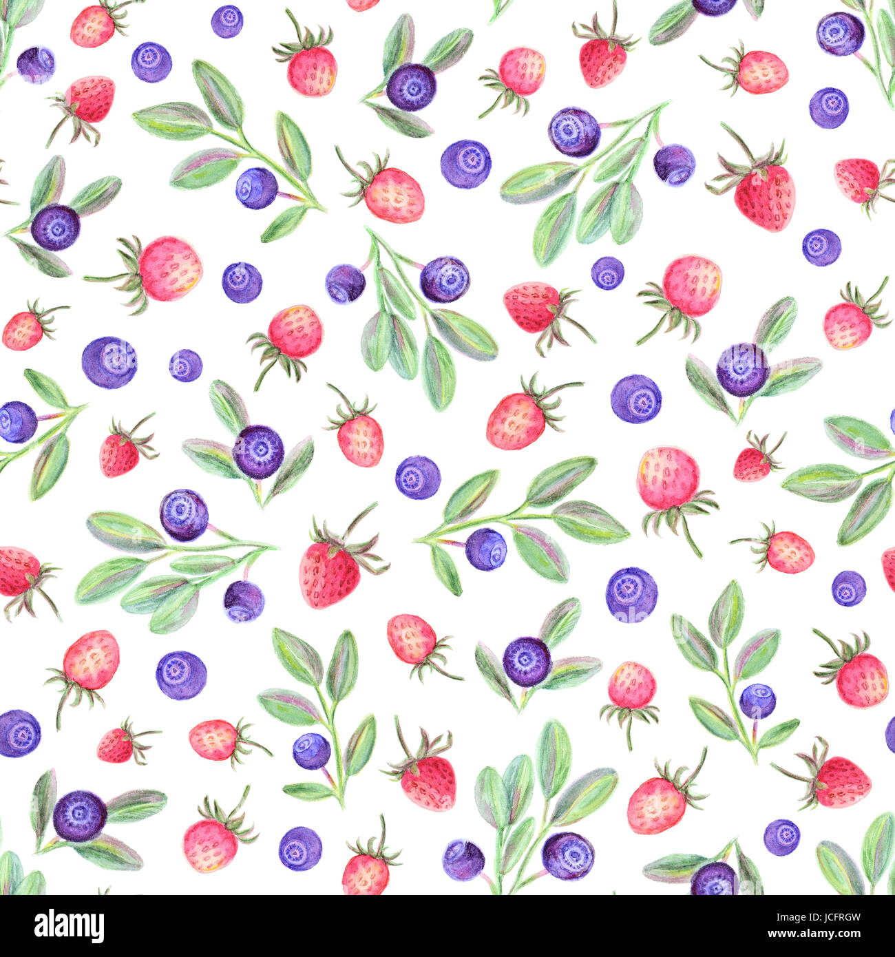 Acquerello seamless pattern con i frutti di bosco. Sfondo bianco con fragole e mirtillo Frutta. Illustrazione artigianali. Foto Stock