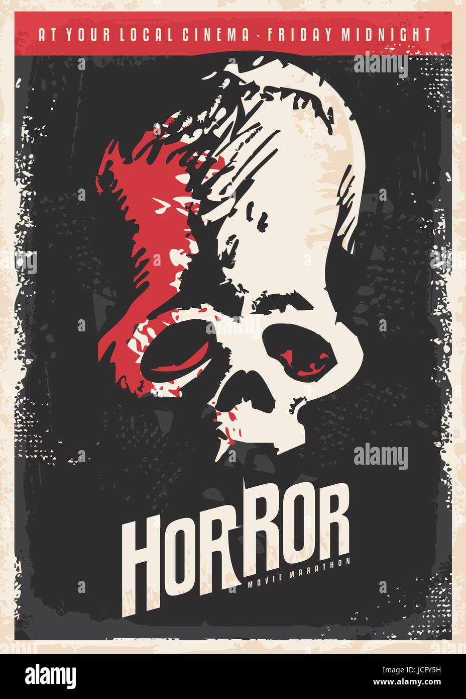 Cinema design poster per i film horror. Cranio disegno su sfondo scuro. Retrò illustrazione vettoriale. Illustrazione Vettoriale