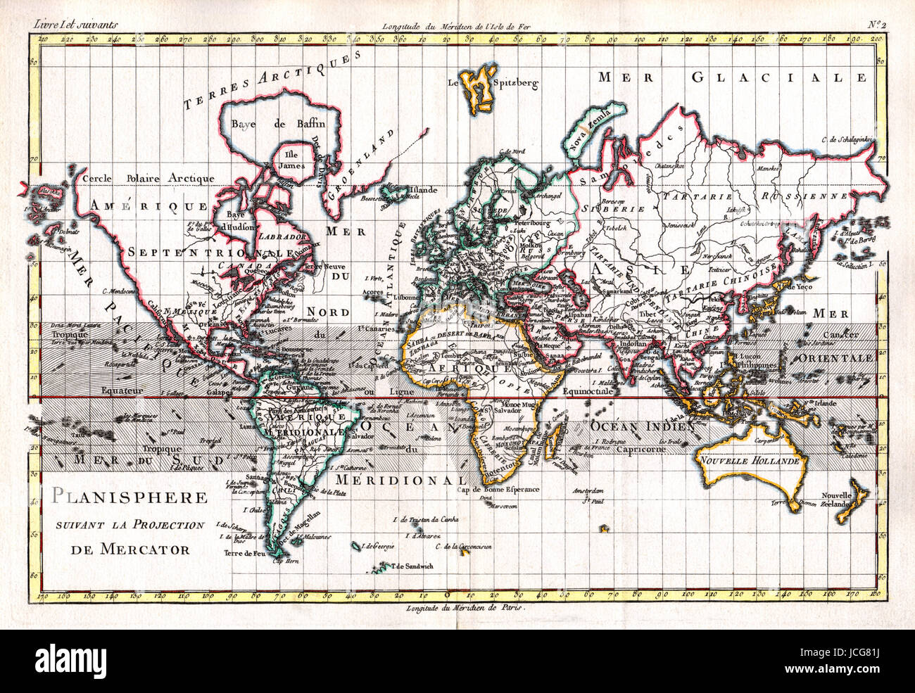 1779 Bonne mappa del mondo sulla proiezione di Mercatore la proiezione, un esempio di cartografia francese, colorati a mano. Foto Stock