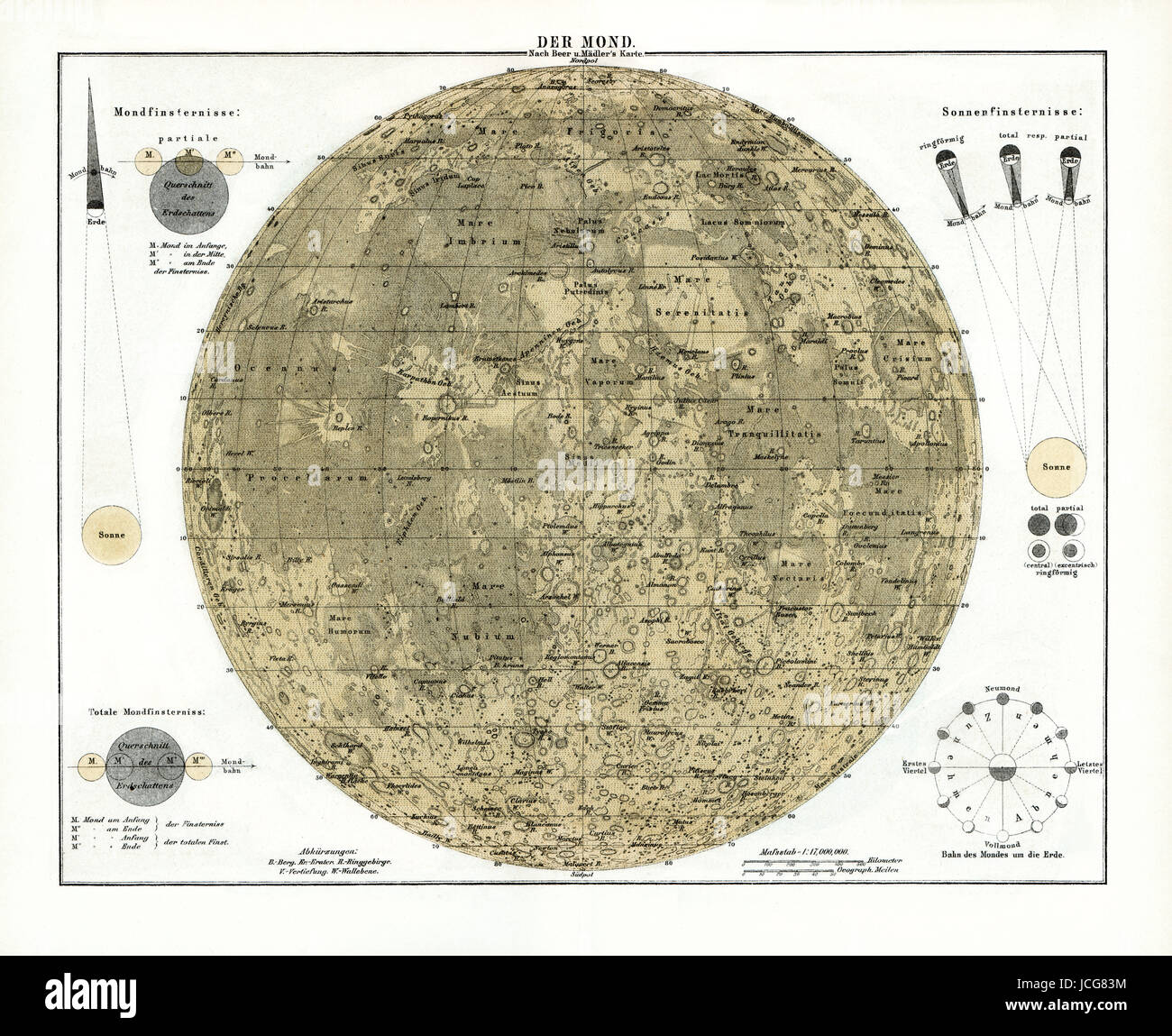 1856 Meyer mappa della Luna compresi crateri e Mari, insieme con i diagrammi di e lunari Eclissi solare. Foto Stock