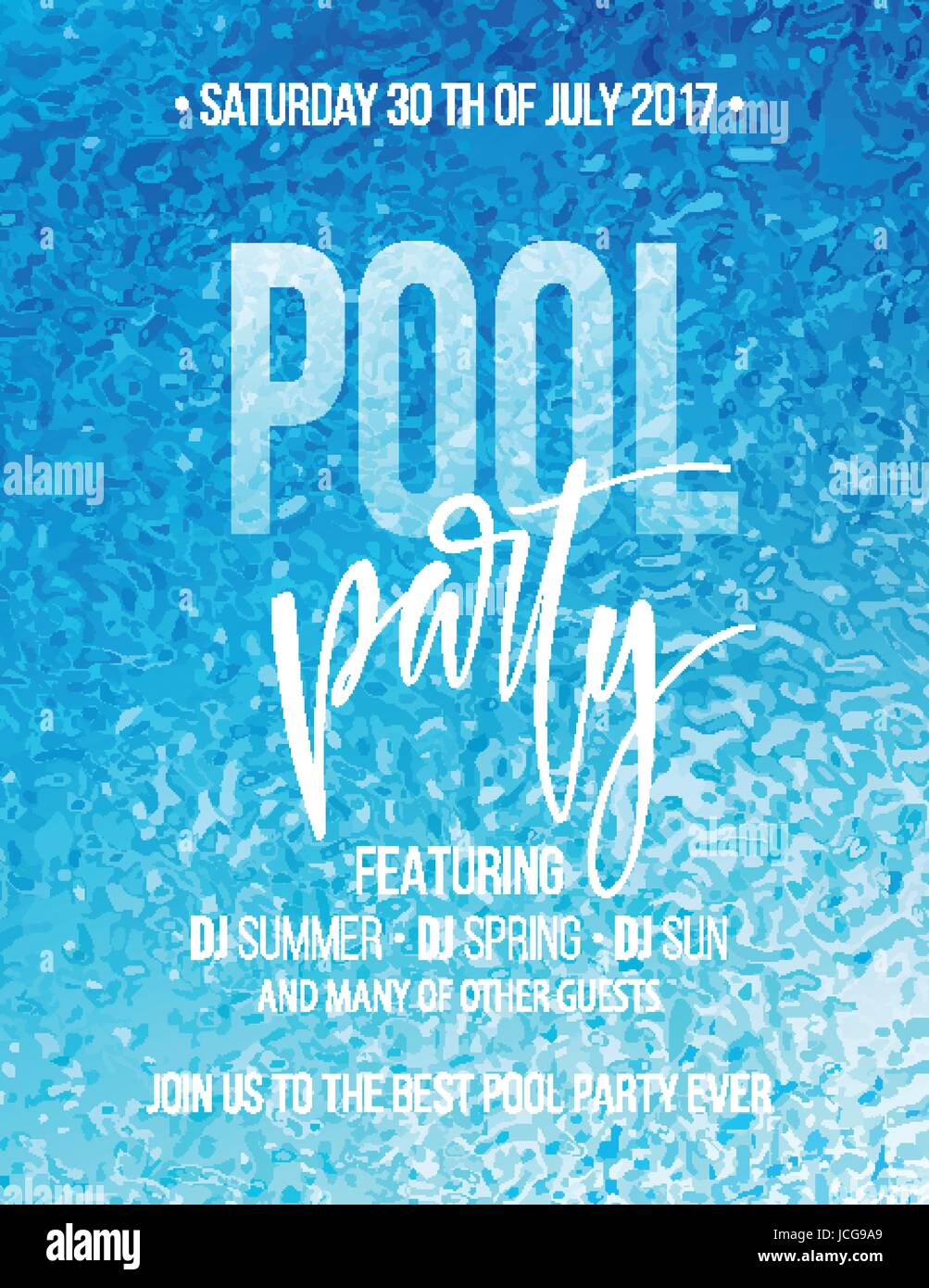 Party in piscina poster con acqua blu e ripple testo della scrittura. Illustrazione Vettoriale Illustrazione Vettoriale