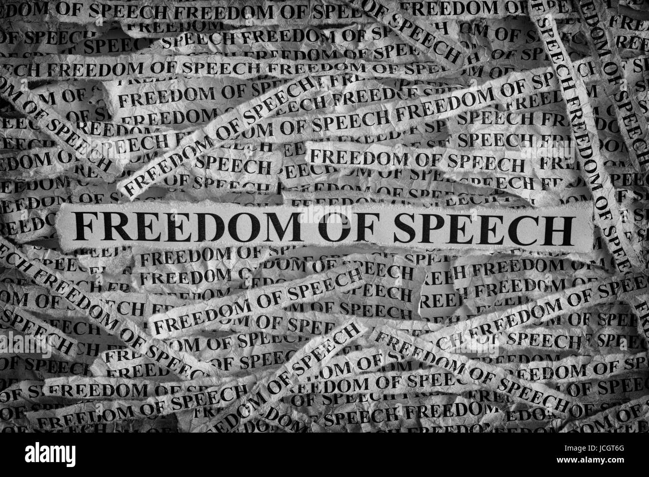 La libertà di parola. Pezzi di carta strappati con le parole la libertà di parola. Concetto di immagine. In bianco e nero. Primo piano. Foto Stock