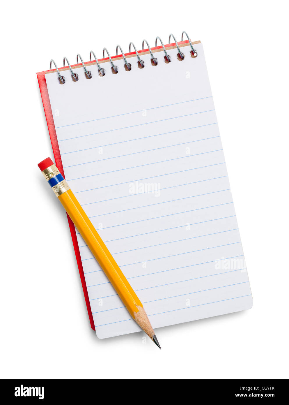 Aprire il notebook e matita isolati su sfondo bianco. Foto Stock