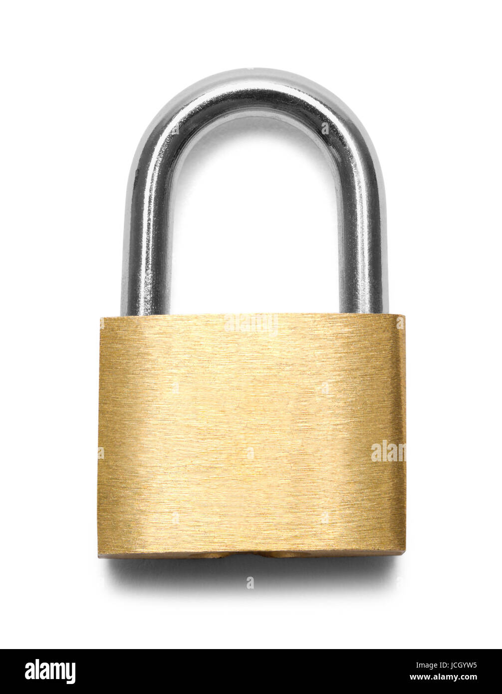 Chiuso il lucchetto in ottone isolato su sfondo bianco. Foto Stock