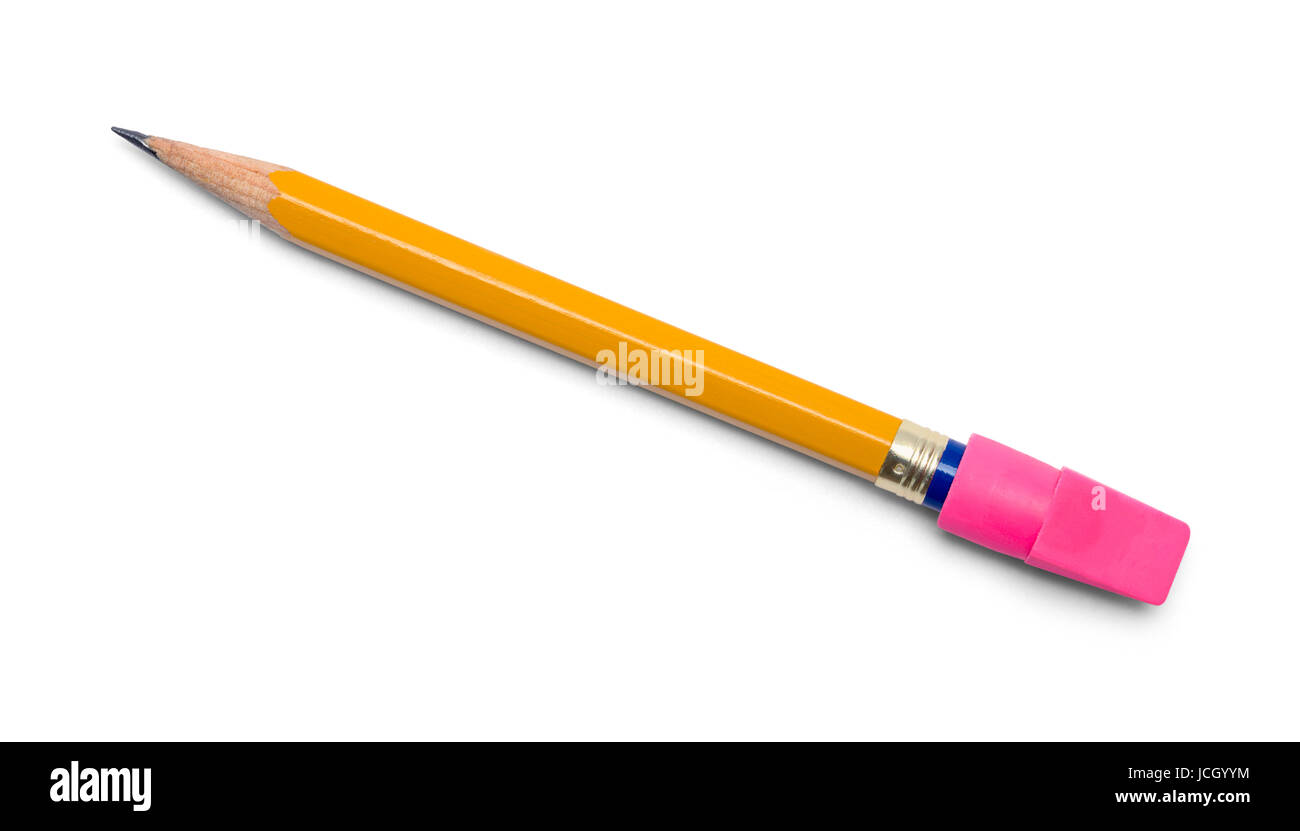 Breve usato matita e gomma isolati su sfondo bianco. Foto Stock