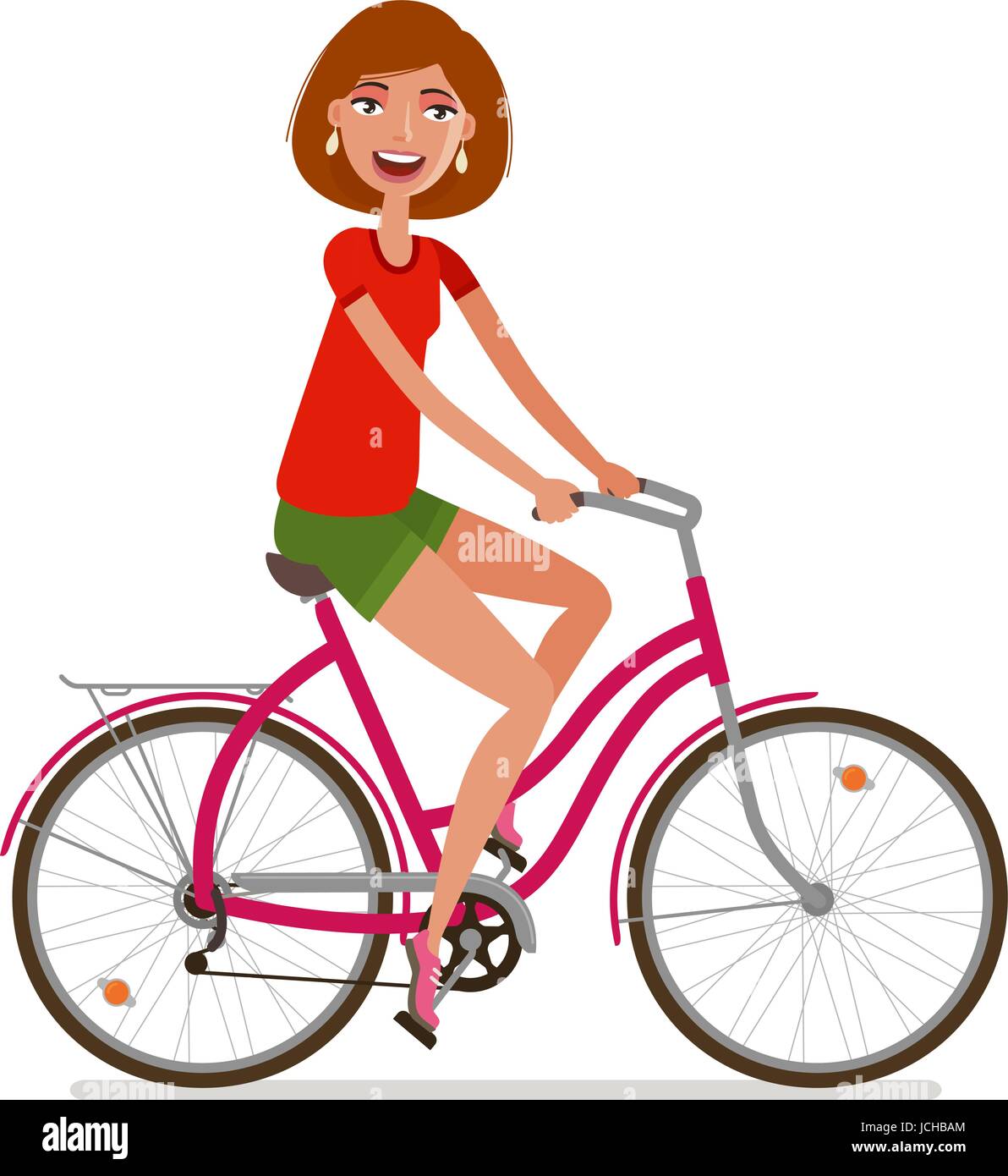 Giovane ragazza bella bicicletta equitazione. Sport e fitness, uno stile di vita attivo simbolo. Fumetto illustrazione vettoriale Illustrazione Vettoriale