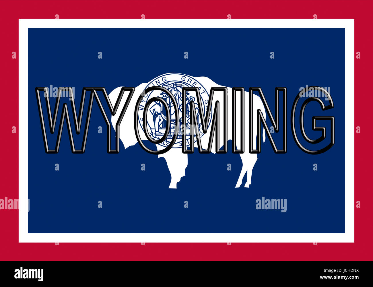 Illustrazione di un flag di stato del Wyoming in America con lo stato scritto sulla bandiera. Foto Stock