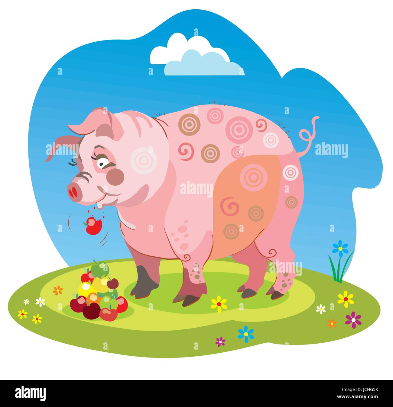 Illustrazione Vettoriale funny cartoon pig sorge su un prato e mangia mele isolato immagine su sfondo bianco Illustrazione Vettoriale