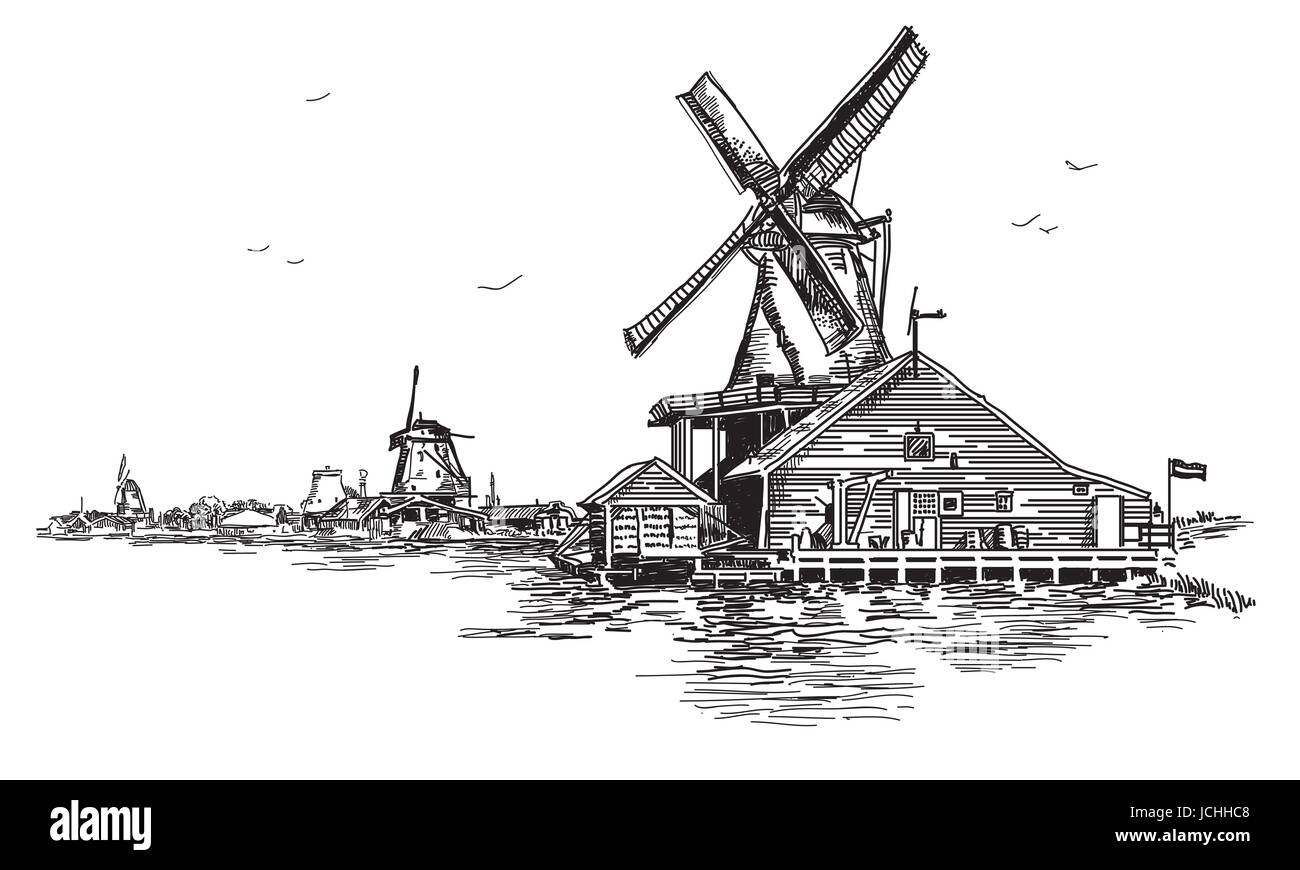 Il vettore grafico del disegno a mano illustrazione incisione di mulino ad acqua in Amsterdam (Paesi Bassi, Olanda) in colore nero. Il vettore isolato su un backgro bianco Illustrazione Vettoriale