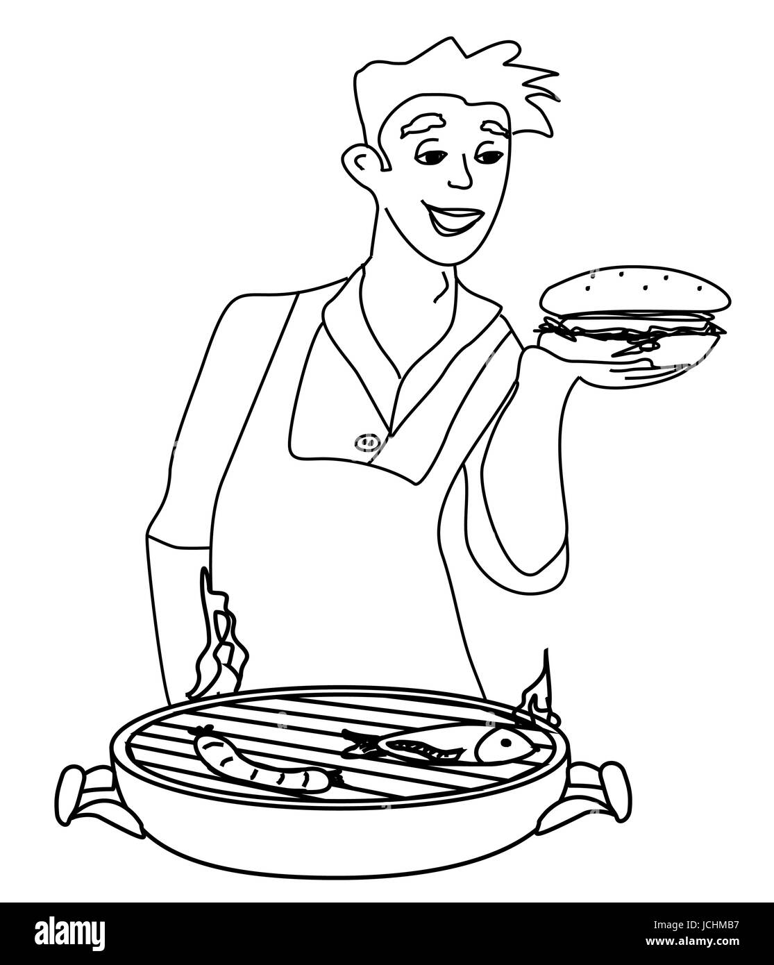 L'uomo la cottura sul suo barbecue - funny doodle illustrazione Foto Stock