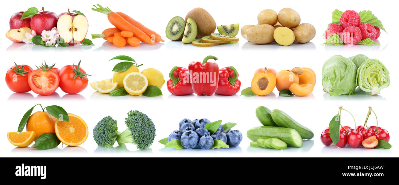 Frutta e verdura raccolta isolati orange apple pomodori frutta fresca su sfondo bianco Foto Stock