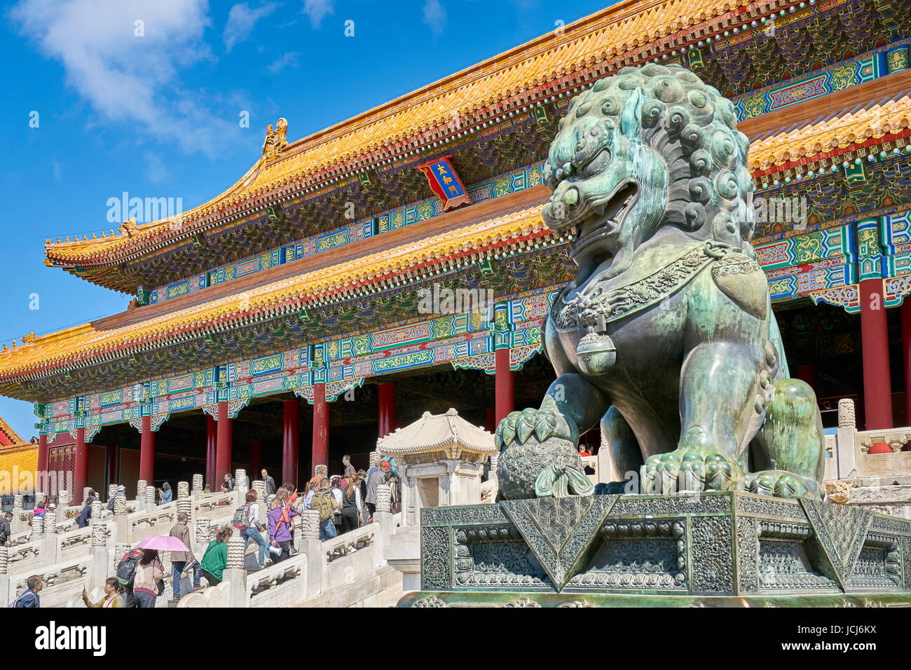 Leone di Bronzo guardian, Città Proibita a Pechino, Cina Foto Stock