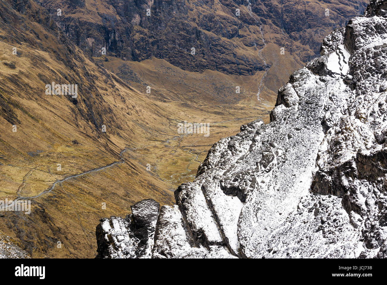 Guardando verso il basso dal nevoso montagne delle Ande per un sentiero che passa attraverso una valle vicino a La Paz in Bolivia Foto Stock