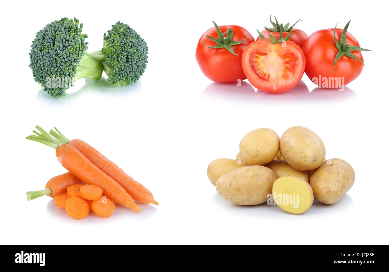 Verdure carote Pomodori Patate Verdure cibo isolato su uno sfondo bianco Foto Stock