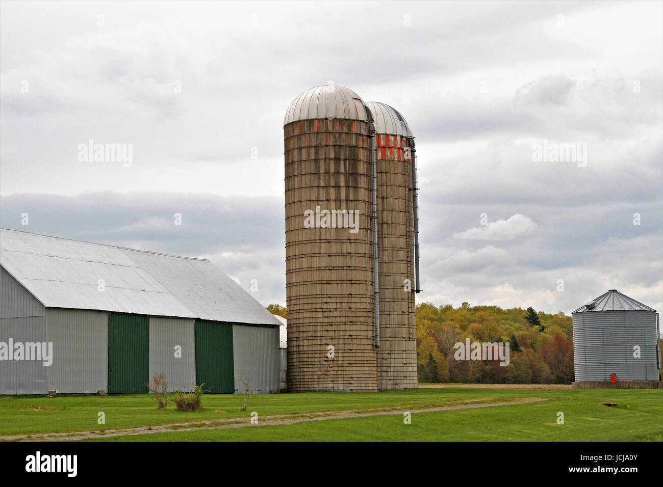 Paesaggio rurale con un grigio e verde fienile con due silos Foto Stock