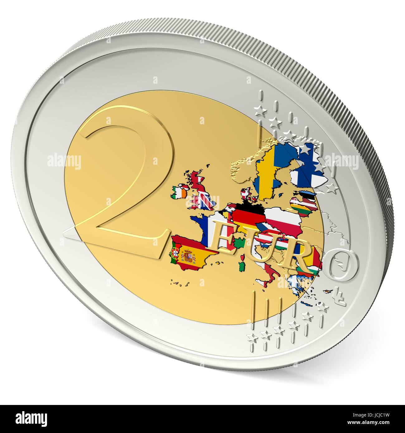 Zwei Euro Münze mit buntem Europa mit Flaggen Foto Stock