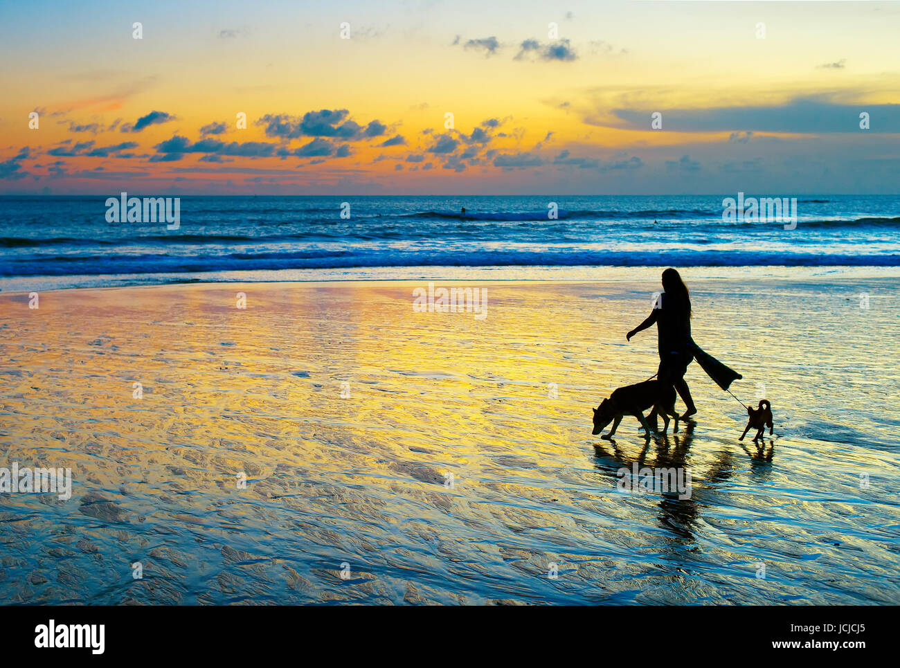 Donna con due cani a camminare su una spiaggia al tramonto. Isola di Bali Foto Stock