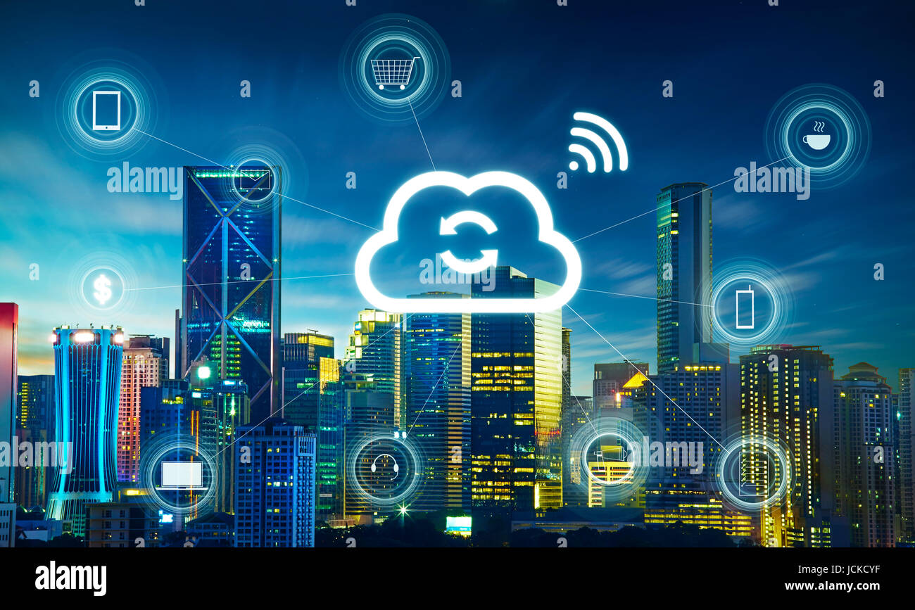 Smart City e il cloud computing, la rete di comunicazione wireless, immagine astratta visual, internet delle cose . Foto Stock