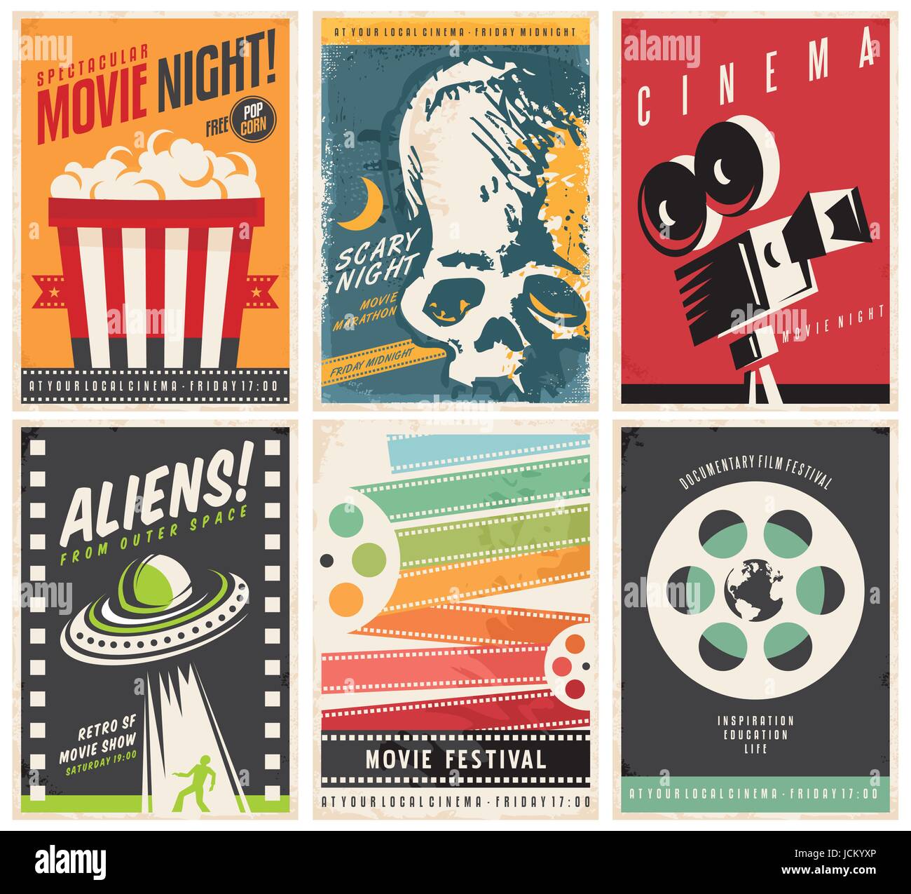Cinema Collezione di manifesti con diversi film e film di generi e temi. Creative vettore Retrò design con sei opuscoli promozionali. Illustrazione Vettoriale