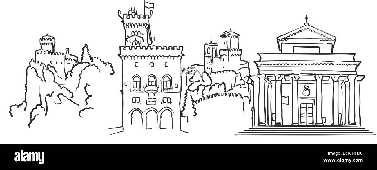 San Marino Panorama Sketch, Monocromatico paesaggio urbano vettore Artprint Illustrazione Vettoriale
