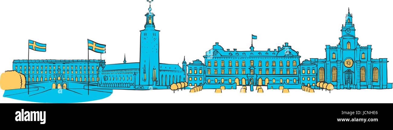 Stoccolma Panorama colorati, riempito con forma blu e giallo evidenzia. Scalabile paesaggio urbano illustrazione vettoriale Illustrazione Vettoriale