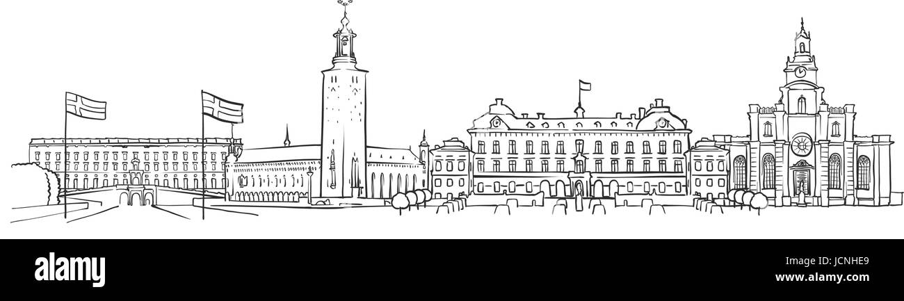 Stoccolma, Svezia, Panorama Sketch, Monocromatico paesaggio urbano vettore Artprint Illustrazione Vettoriale
