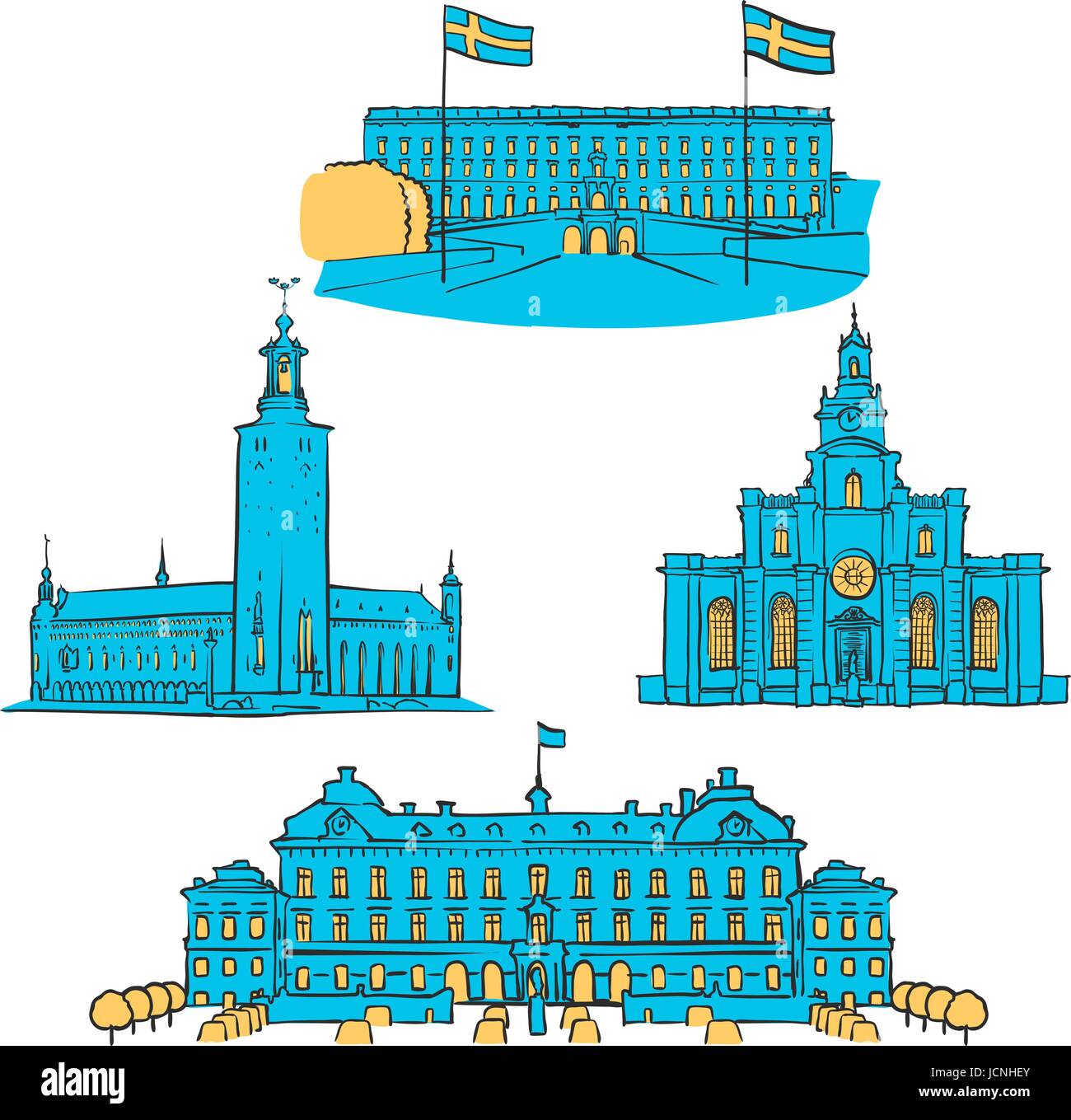 Stoccolma punti colorati, Scalable Vector monumenti. Riempito con forma blu e giallo evidenzia. Illustrazione Vettoriale