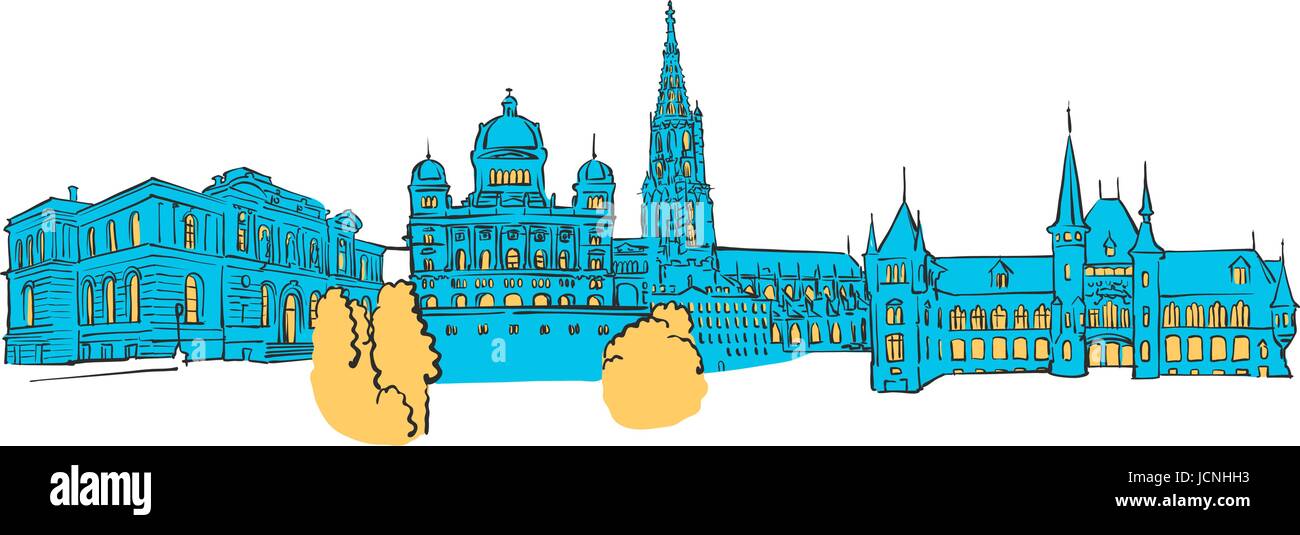 Berna Panorama colorati, riempito con forma blu e giallo evidenzia. Scalabile paesaggio urbano illustrazione vettoriale Illustrazione Vettoriale