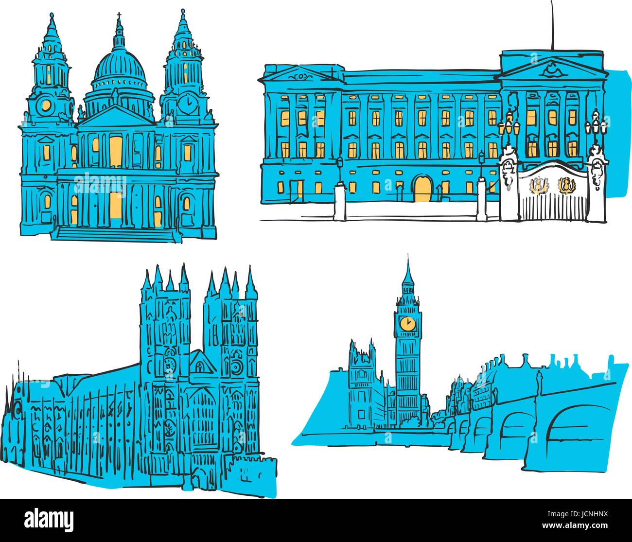 Londra Attrazioni colorate, Scalable Vector monumenti. Riempito con forma blu e giallo evidenzia. Illustrazione Vettoriale