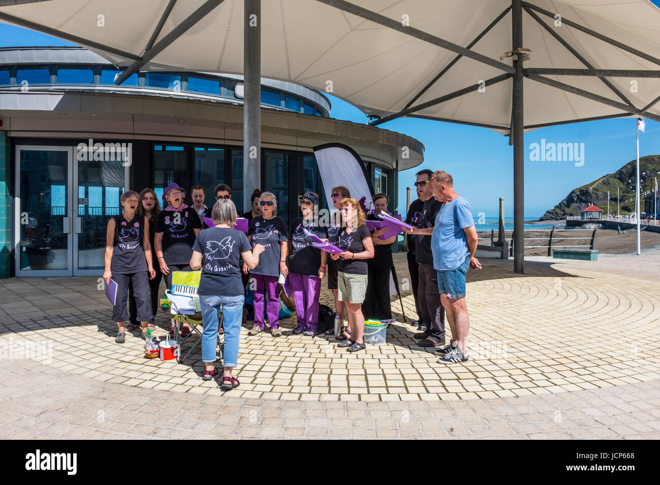 Aberystwyth, Wales, Regno Unito. 17 Giugno, 2017. Su di una splendida giornata di sole, Aberystwyth Cor Gobaith ("coro di speranza") cantare davanti al lungomare bandstand in memoria della MP Jo Cox assassinato un anno fa. Credito: Alan Hale/Alamy Live News Foto Stock