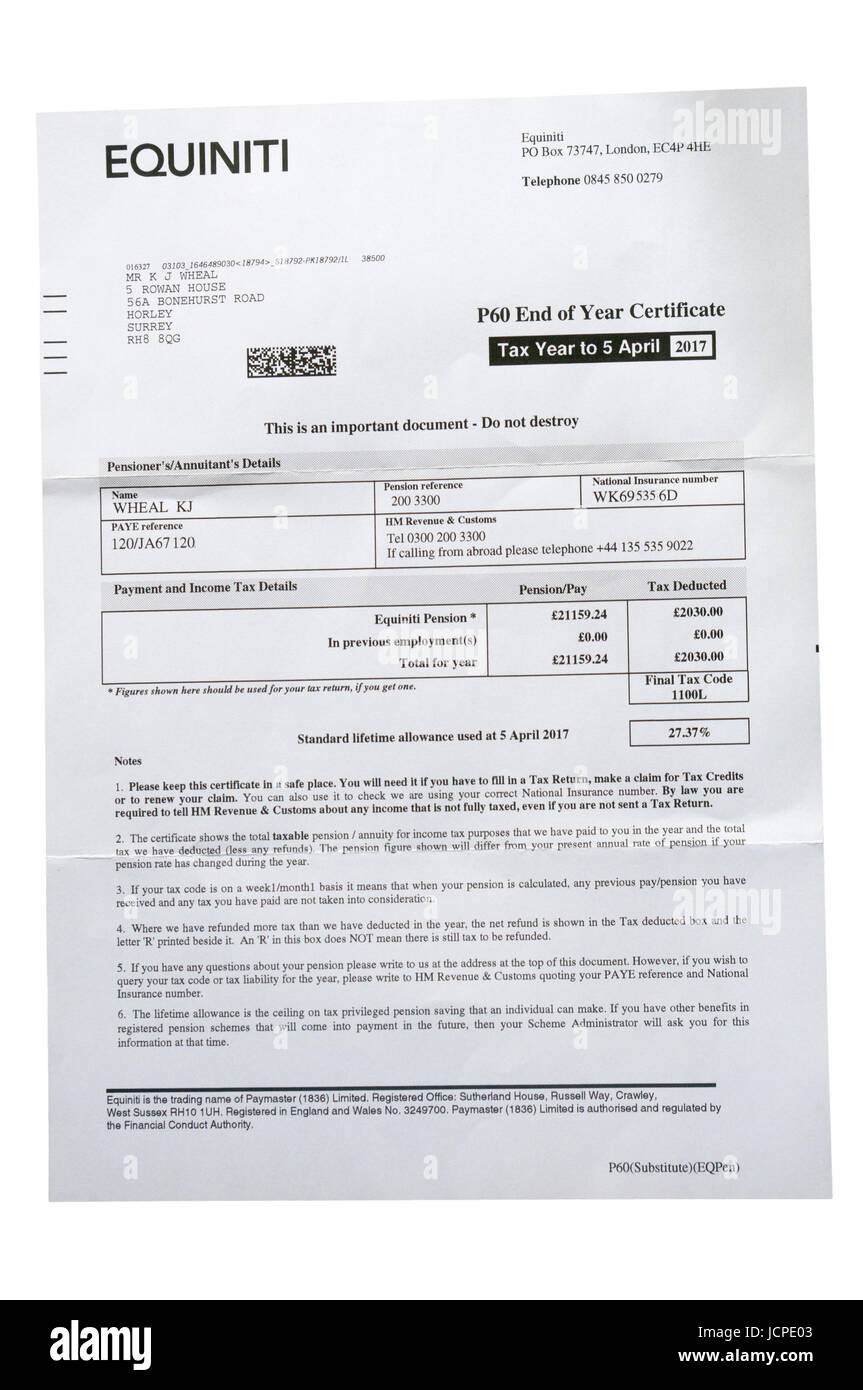P60 di fine anno 2017 Certificato di pensione di polizia rilasciato da Equiniti Foto Stock