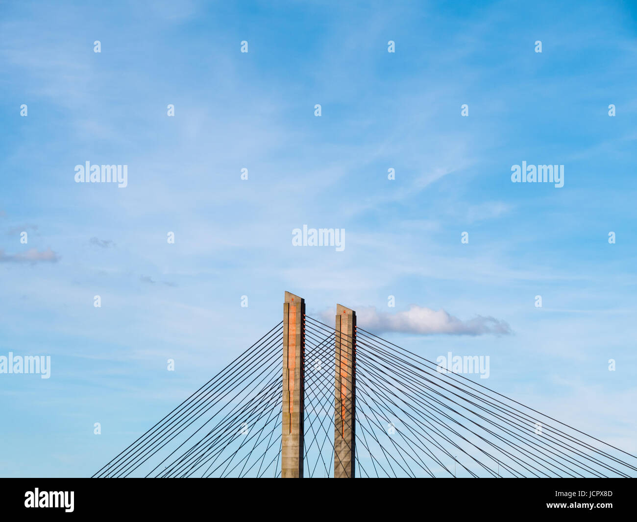 Dettaglio di pilastri e cavi di Martinus Nijhoff Ponte e fiume Waal vicino a Zaltbommel, Gelderland, Paesi Bassi Foto Stock