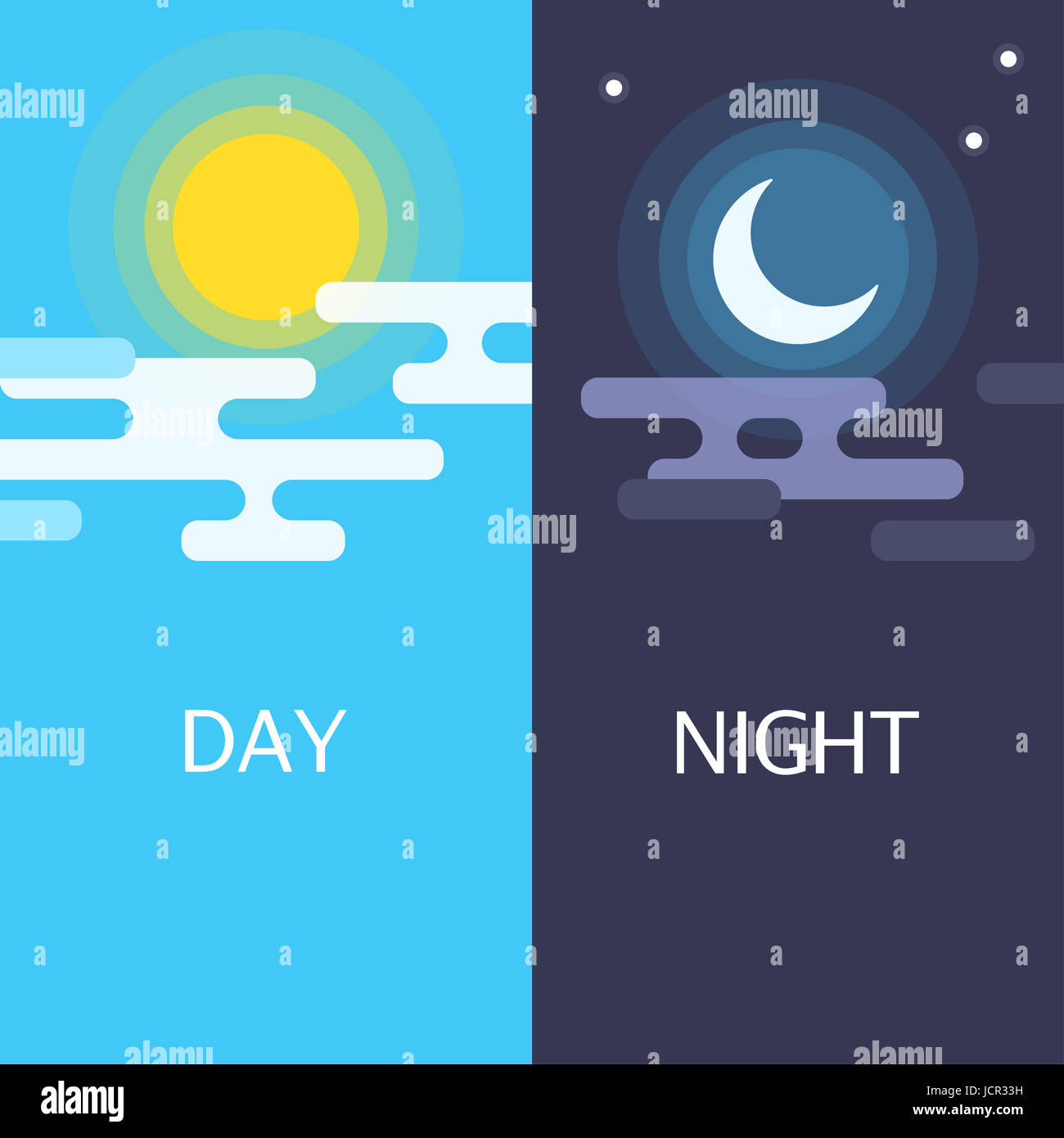 Di giorno e di notte il vettore illustrazioni piana o banner. Il sole e la luna.Ora del giorno Foto Stock