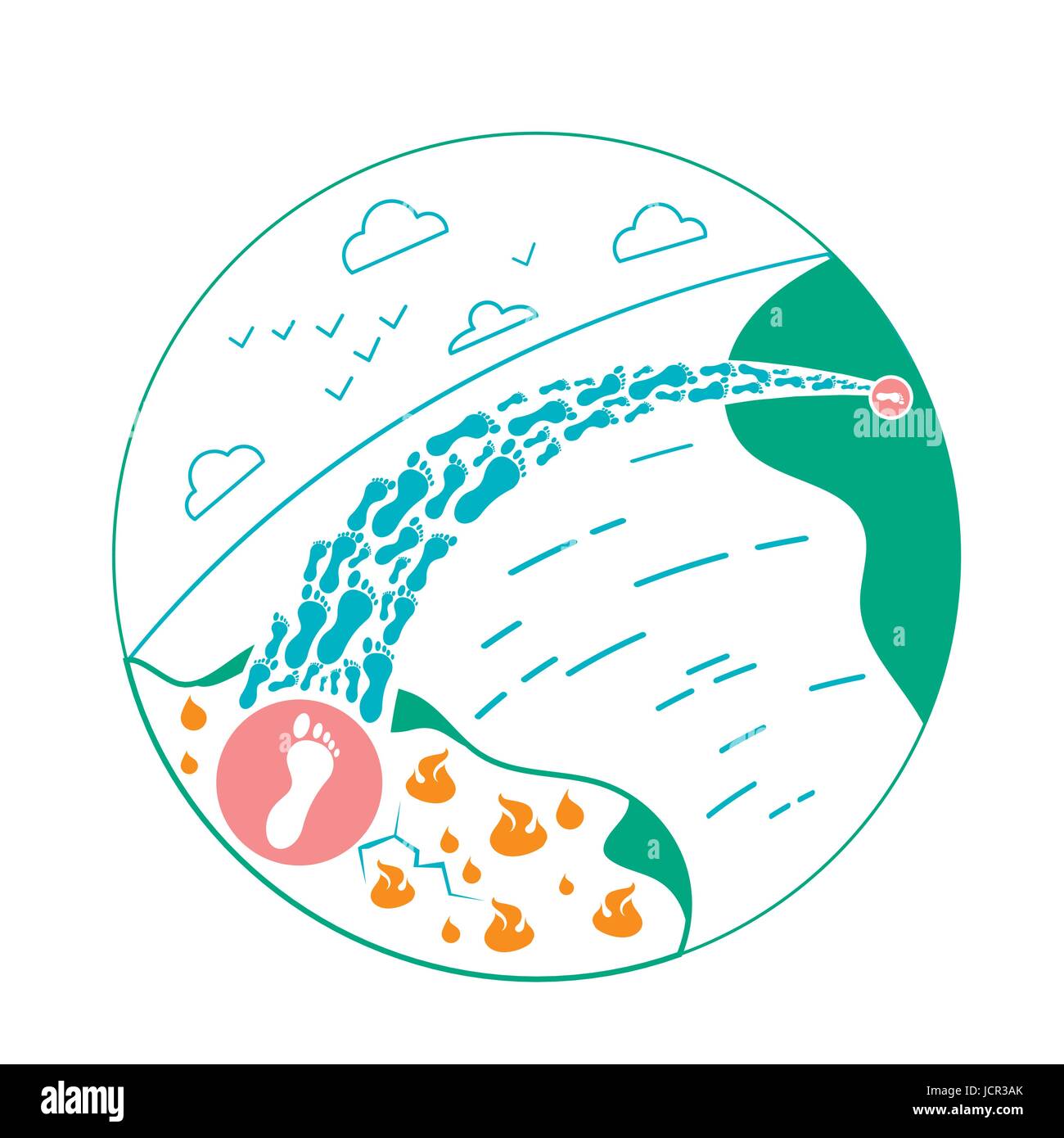 Concetto di salvezza dalla guerra del reinsediamento dei rifugiati nella forma di una silhouette delle gambe di un сross il mare. Icona della giornata dei rifugiati nel lineare Illustrazione Vettoriale