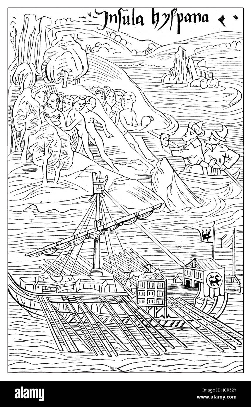 Columbus' Primo Mondo Nuovo Sbarco sulla isola di Guanahani (San Salvador) Foto Stock