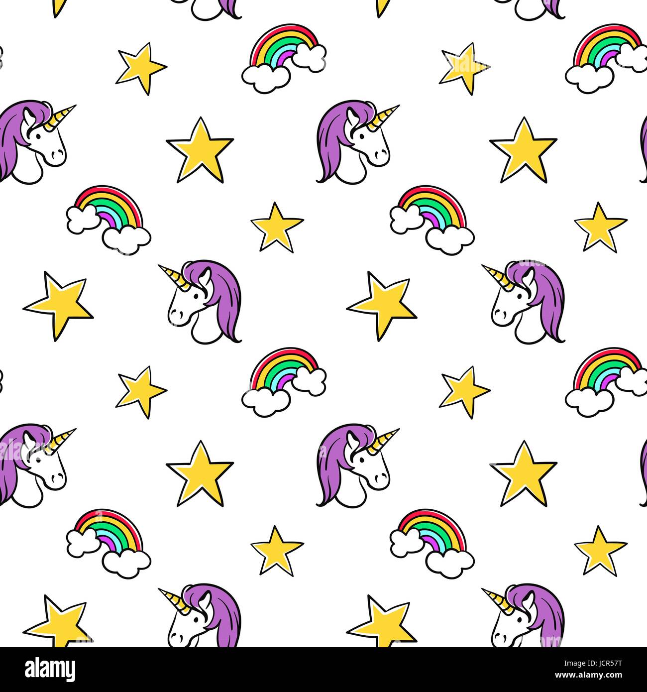 Vector seamless pattern del quartiere alla moda di patch: unicorn e stella. Doodle moderna arte pop sketch perni e distintivi. Disegnata a mano simpatici e divertenti stic di moda Illustrazione Vettoriale