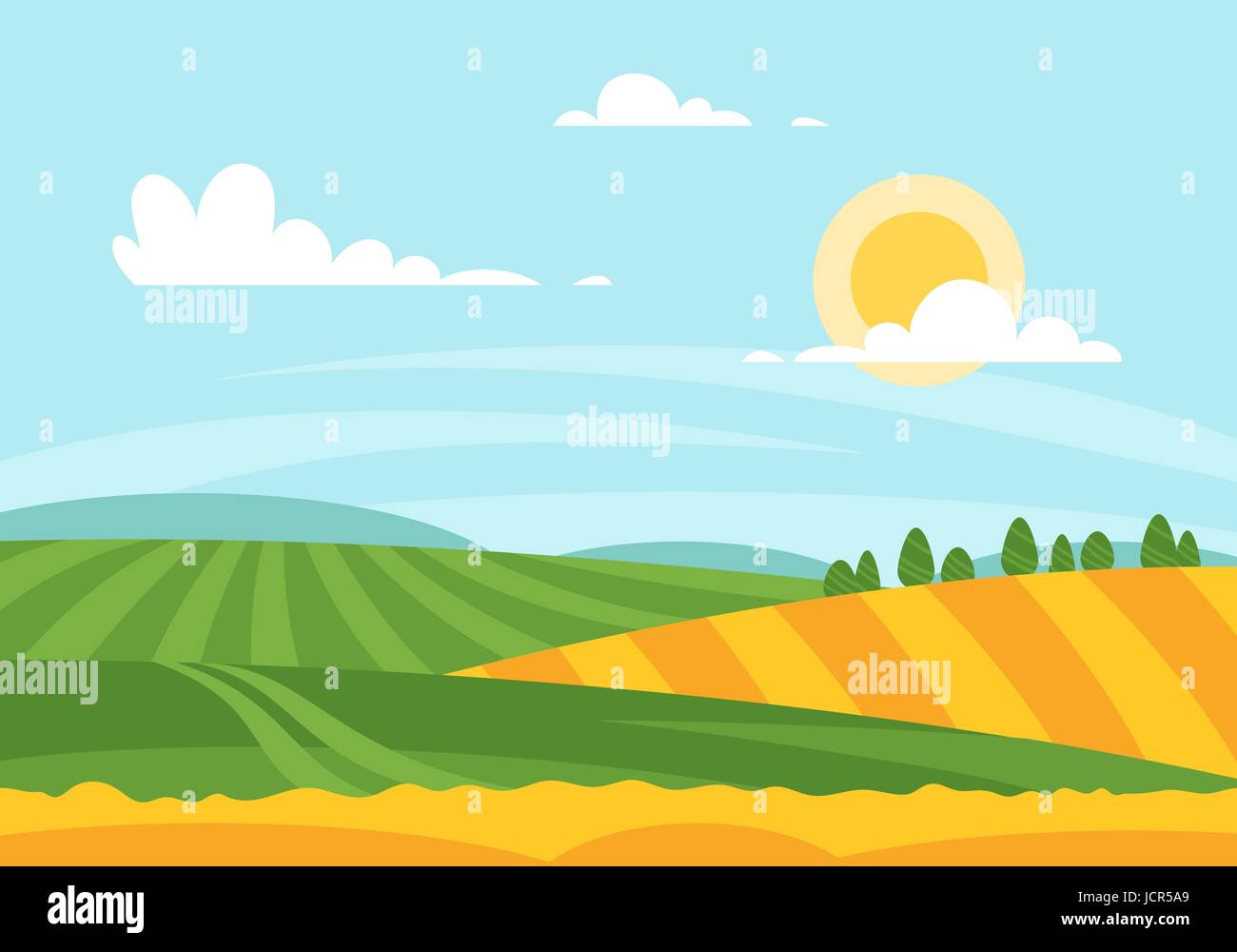 Vettore stile fumetto illustrazione del campo di grano in un giorno. Giornata di sole in background. Illustrazione Vettoriale
