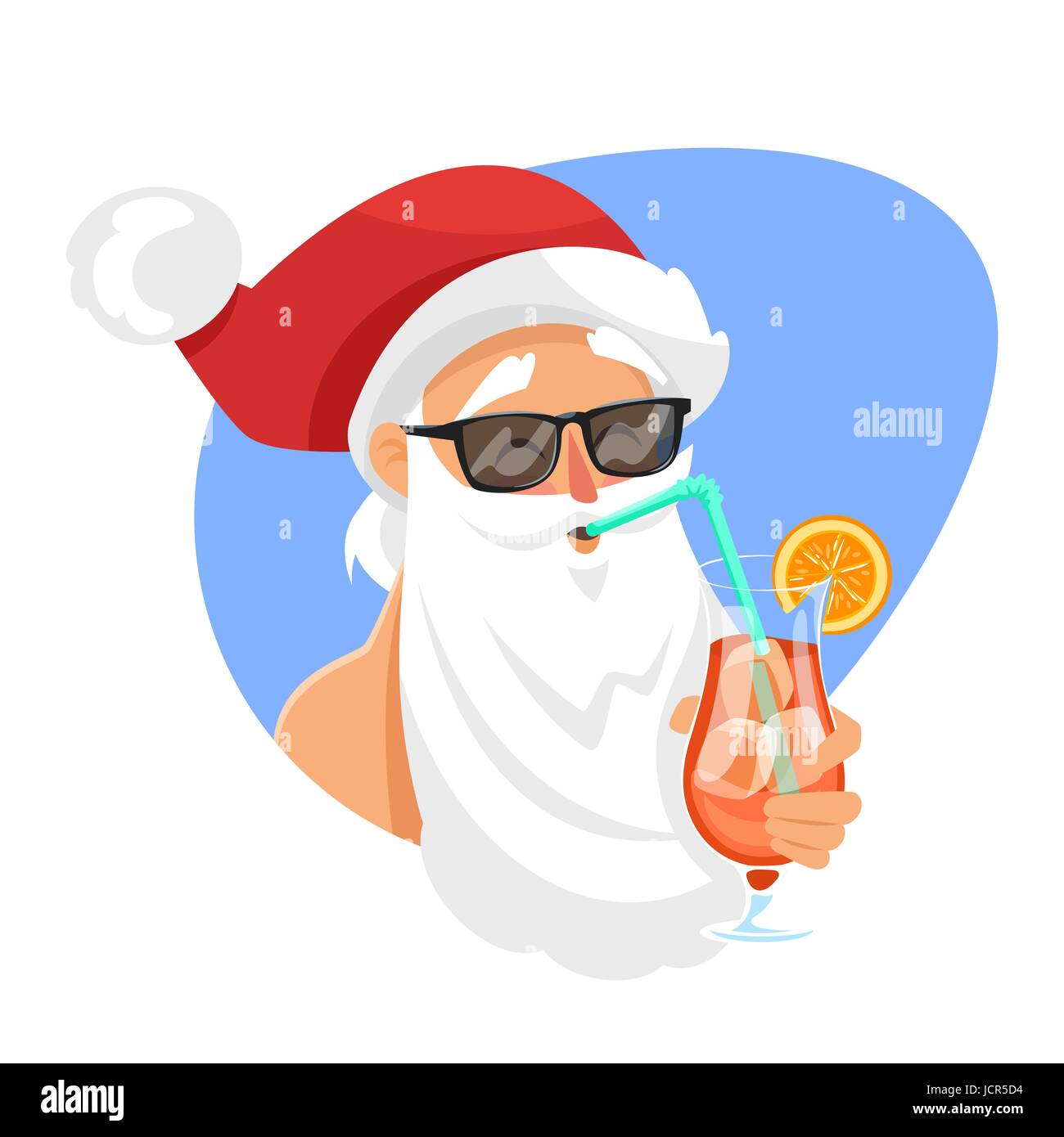 Vettore stile fumetto illustrazione della Santa con cocktail. Messaggio di saluto festivo modello di scheda. Isolato su sfondo bianco. Illustrazione Vettoriale