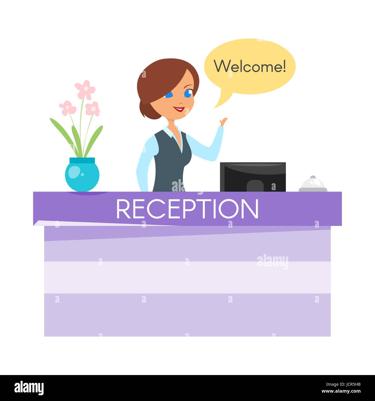 Vettore stile fumetto illustrazione del receptionist dell'hotel. Felice donna in piedi presso il banco della reception desk con Bell. Illustrazione Vettoriale